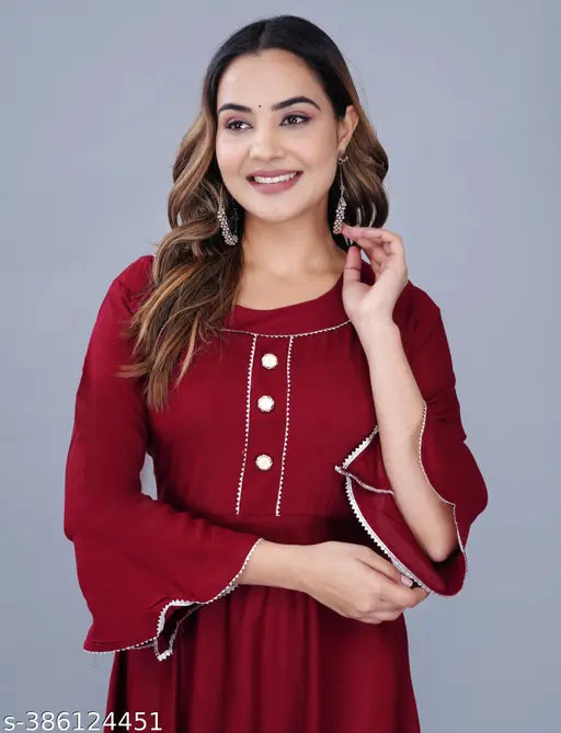 Maroon solid rayon women's anarkali flared kurti, three-quarter sleeves, ideal for Indian fashion, size M (30in bust), made in India