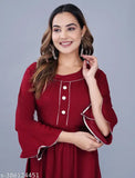 Maroon solid rayon women's anarkali flared kurti, three-quarter sleeves, ideal for Indian fashion, size M (30in bust), made in India