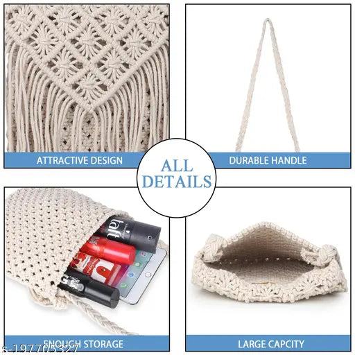 White handmade sapis designs MACRAME sling bag/cross body bag, stylish and washable cotton net self design for women and girls