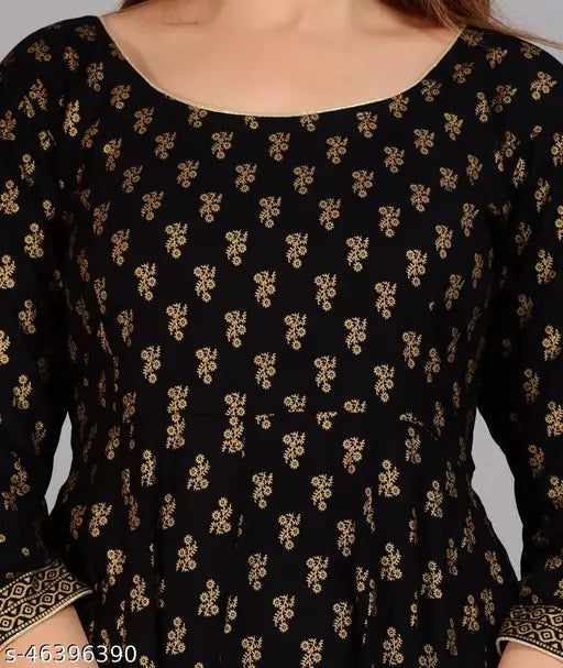 Stylish rayon gold-printed kurti, three-quarter sleeves, Indian Anarkali design with dori and tashal details