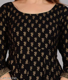 Stylish rayon gold-printed kurti, three-quarter sleeves, Indian Anarkali design with dori and tashal details