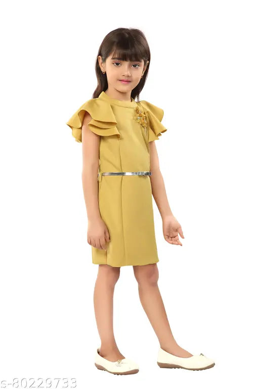 Polyester kids girl western midi dress, short sleeves, solid pattern, 12-13 years size, India-made fashionable belted dress