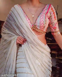 Women's white Georgette embroidered sequin work saree with banarasi silk blouse, zari woven & printed net pattern