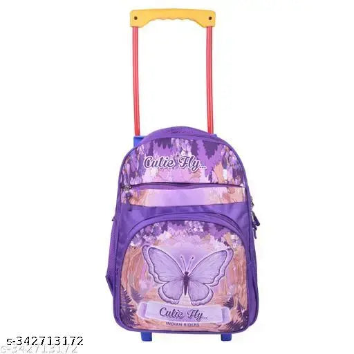 Purple waterproof polyester school trolley bag (18 inches, 25 L), Indian Riders Cutie Butterfly design for kids. Durable and spacious backpack for easy transport of school essentials