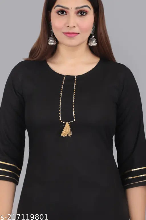 Rayon solid gota work black kurti palazzo set, 100% soft & breathable fabric, perfect for indo-western wear