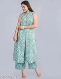 Magic Cotton Printed Net Sleeveless Kurta Set with Palazzos, single set available in sizes S, L, XL, XXL, and XXXL. Made from cotton cambric fabric for the kurta and bottomwear, with a rayon sleeve. Originates from India