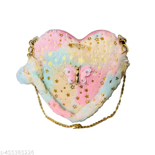 Heart-shaped mini fur sling bag for kids, multicolor colorblock design, 1 compartment, budget-friendly quality