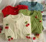 Imported winter cherry cropped cardigan sweater, woolen knit with embroidered net, long sleeves, red cherries detail