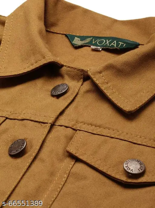 Brown denim casual jacket, solid pattern, three-quarter sleeves, flap pockets, India origin