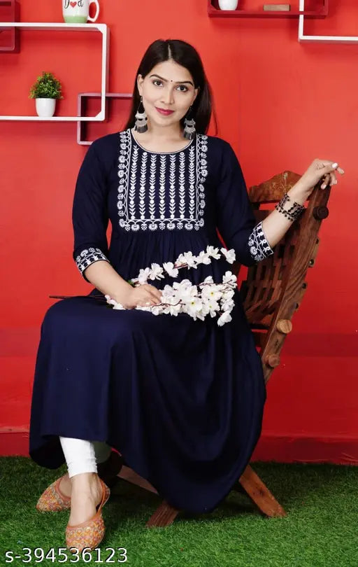 Rayon embroidered kurti, trendy three-quarter sleeve Indian wedding gown for S-XXXXL sizes