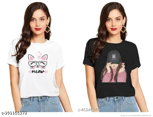 MEOW and BTS Girls Printed Cotton T-shirt Combo for Women & Girls (Pack of 2) - Stylish trendy design for summer, perfect casual wear