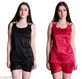 Black & Red Satin Women's Top & Shorts Set, comfortable fashionable nightwear for special nights