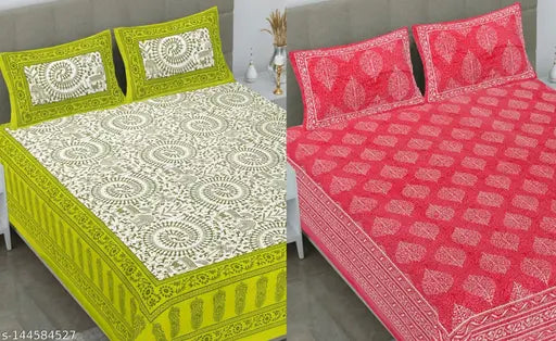 Jaipuri Rajasthani cotton bedsheet set, 2 sheets & 4 pillow covers, ideal for adults, India origin