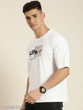 White graphic oversized cotton t-shirt, printed design, short sleeves, paired with denim, India origin