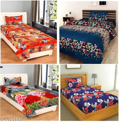 Polycotton 3D printed regular flat sheets by Bombay Dyeing, ideal for AC rooms. Set includes 4 pillow covers and a single size." (115 characters)