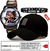 Transparent dial analog watch with cotton ediko cap combo, stronger silicone strap for men and boys, free king bracelet included