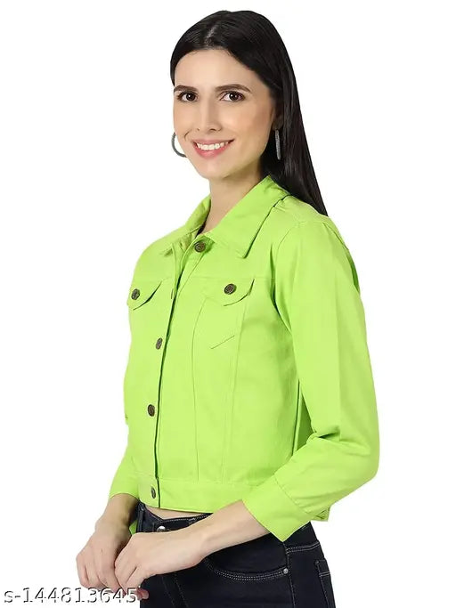 Denim solid waistcoat for women, trendy and fabulous jacket with long sleeves, size S (bust 34in, length 20in), made in India