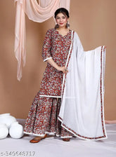 Elegant cotton kurti, sharara dupatta set with floral print and lace trim, perfect for parties or festive occasions