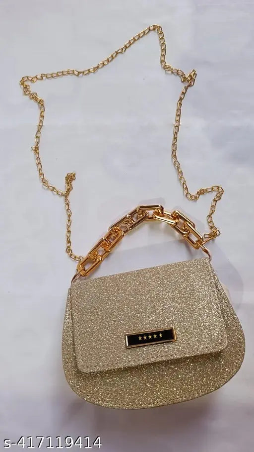 Embellished net canvas sling bag, golden hue, free size for girls (L: 12cm, W: 16cm)