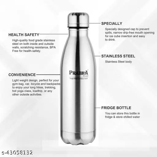 Royal Stainless Steel Fridge Water Bottles Set of 4 - Leak-proof, rust-proof, & odor-free office or school water bottles in silver