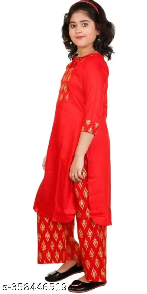 Girls rayon kurta & palazzo set for festive party wear, printed net with three-quarter sleeves, fun and vibrant for kids ages 3-13, India origin
