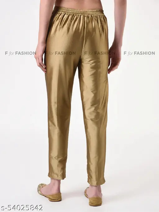 Golden Taffeta silk and cotton lining women's pant or trosuer, solid design in 30-44 sizes, trendy ethnic look for parties or everyday wear