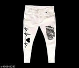 White denim jeans, placement print, casual wear for women in sizes 28, 30, 32