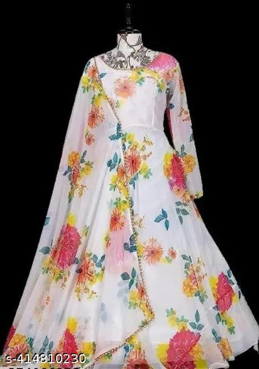 Indian Georgette A-line flared dress, three-quarter sleeves, printed floral pattern. Sizes: S-XXL. Party wear for women