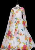 Indian Georgette A-line flared dress, three-quarter sleeves, printed floral pattern. Sizes: S-XXL. Party wear for women
