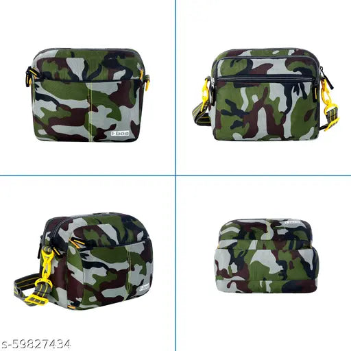 Camouflage polyester sling bag for men and women, durable and lightweight travel office business messenger bag with detachable strap, 4 compartments including cushioned tablet pocket, zippered front and back pockets, ideal for gadgets, tickets, passport, and documents