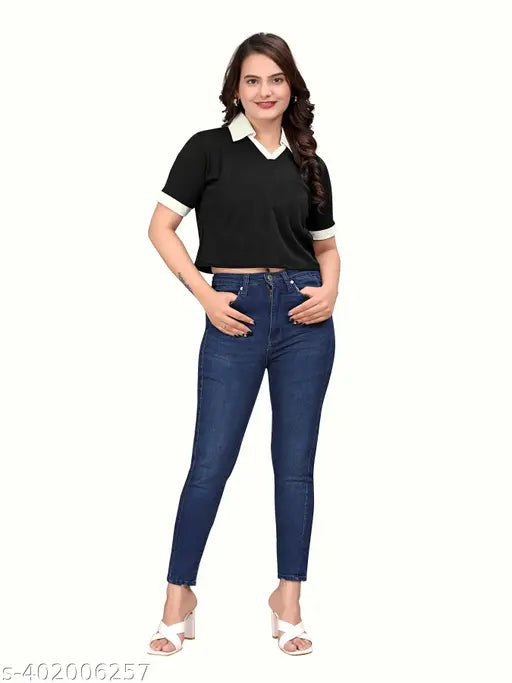 Black Lycra crop top t-shirt for women and girls, solid design on a hanger