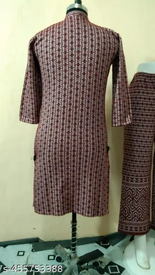 Maroon wool three-quarter sleeve printed combo set (M - bust 38in, size length 40in), Indian handloom fashion