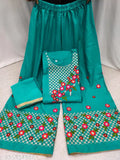 Green embroidered rayon kurta set with A-line palazzos and dupatta - traditional Indian ethnic wear featuring floral embroidery, three-quarter sleeves, and coordinating green shades. Comfortable daily wear suitable for versatile casual outings. Made in India