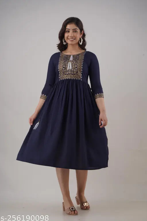 Rayon printed kurti for women, three-quarter sleeves, Indian fashion