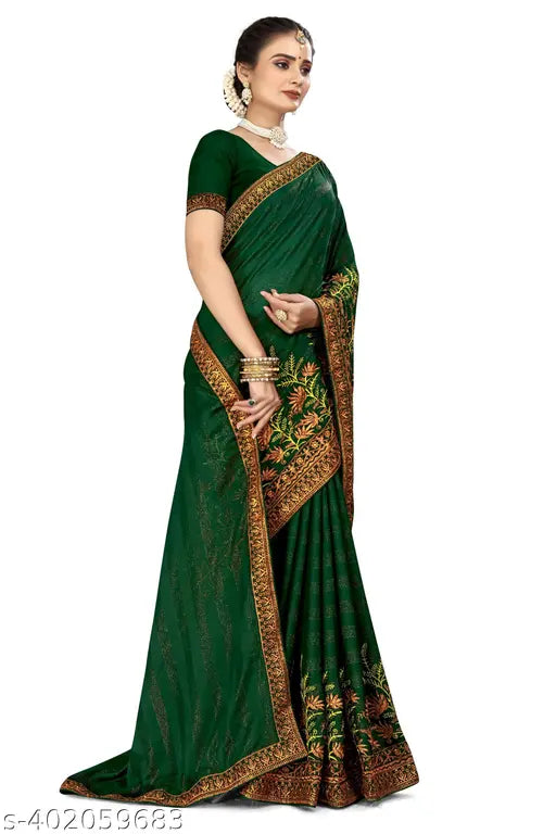 Vichitra silk, zari woven bottelgreen saree with running blouse, Indian origin