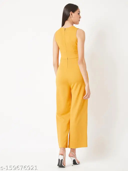 Yellow polyester Miss Chase women's solid v-neck jumpsuit, mustard yellow knit with zip back closure