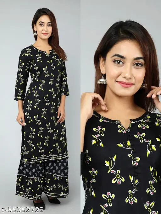 Jaipuri print rayon fabric sharara kurta set, three-quarter sleeves, Indian casual collection on mannequin