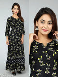Jaipuri print rayon fabric sharara kurta set, three-quarter sleeves, Indian casual collection on mannequin