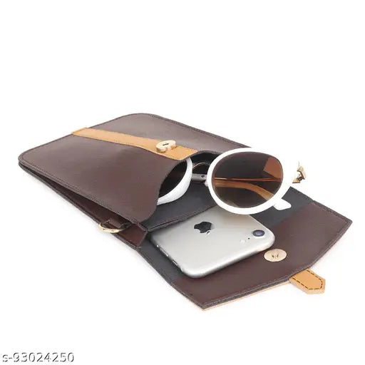 Brown PU leather women's sling bag cross body travel pouch, solid net design for office or party wear