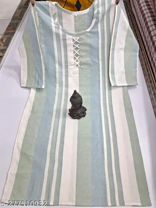 Green and white, full-stitched woolen straight kurti for women. Embroidered floral design, 3/4 sleeves, casual or formal wear