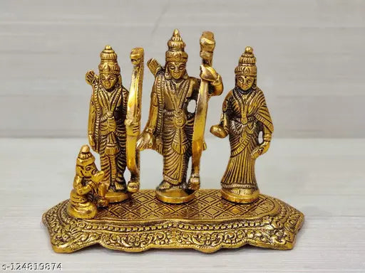 Brass 5-inch golden Indian Ram idol sculpture, traditional religious decor piece