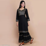 Rayon Hyten kurta sharara with gota lace, single set in solid pattern. Indian ethnic wear for women with three-quarter sleeves and matching bottomwear. Available in XS to XXL sizes