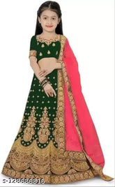 Fancy Girls Embroidered Satin Lehenga Choli with Net Dupatta, short sleeves, stitched net, sizes 3-4, 4-5, 5-6, and 6-7 years old, Indian origin