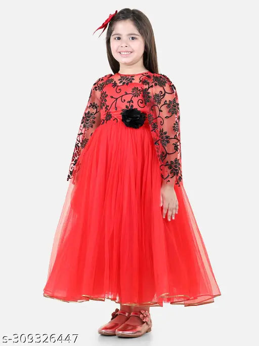 Embellished red net party gown dress for girls, full length with long sleeves, size 1-2 years origin India