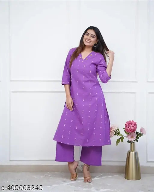 Purple printed embroidered kurta with pant sets, cotton two-piece set for couples, three-quarter sleeves, palazzos style