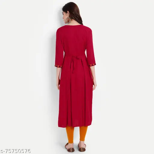 Red rayon embroidered kurta with three-quarter sleeves, Indian ethnic wear