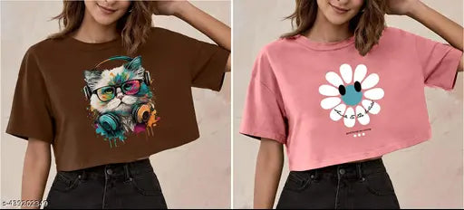 Oversized printed cotton blend crop tops (4 pack) - Heart-printed design, round collar, half sleeves - Trendy women's fashion for diverse occasions