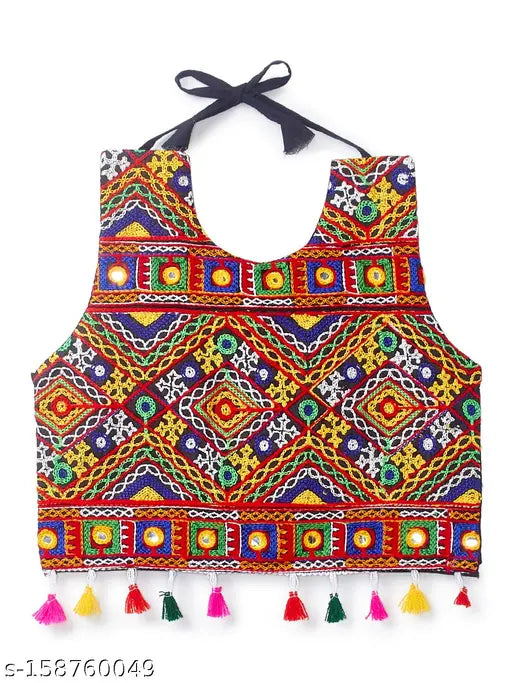 Orange Banjara India Kutchi embroidered Chaniya Choli & Dupatta on little model, stylish Navratri attire for 2-3 years old girls