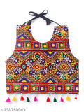 Orange Banjara India Kutchi embroidered Chaniya Choli & Dupatta on little model, stylish Navratri attire for 2-3 years old girls