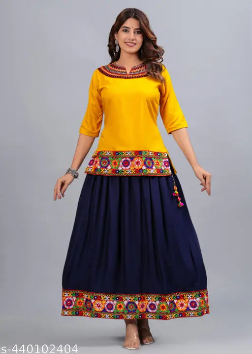 Rayon embroidery work top and skirt dress for Navratri, printed net pattern on three-quarter sleeves, women's Ghagra Choli Dress Combo for Garba Night, made in India